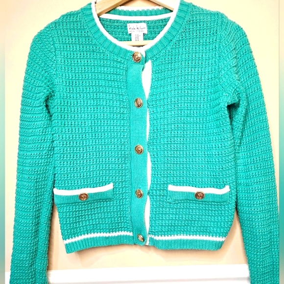 Nicole Miller Cardigan Sweater~Gold Buttons Women Size XS Green Knit Classic - Picture 1 of 13